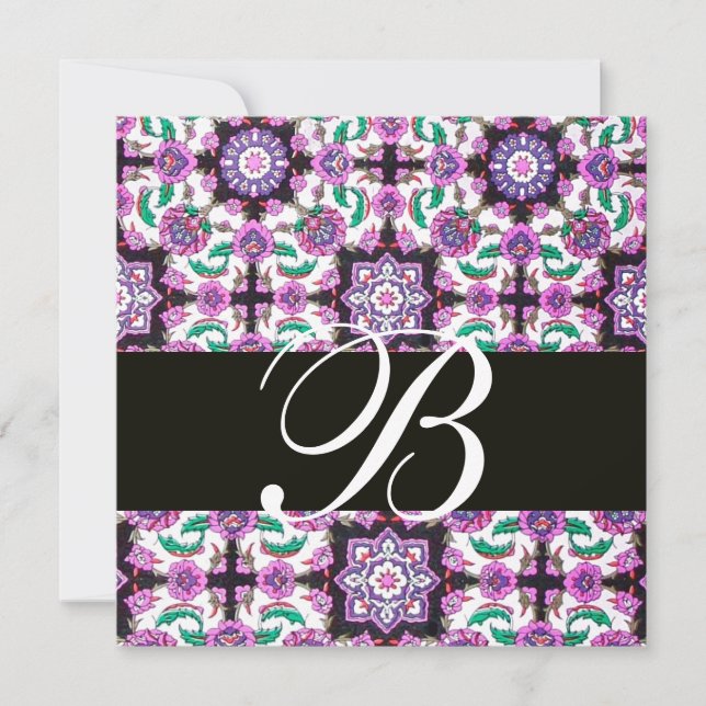 Convite TOPKAPI DAMASK MONOGRAM preto branco rosa verde (Frente)