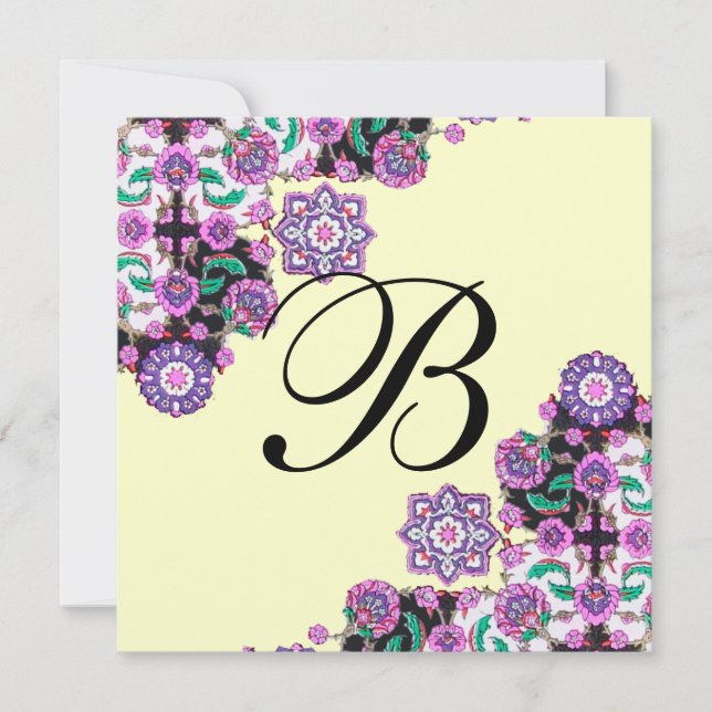 Convite TOPKAPI PRETO  DAMASCO MONOGRAMA branco rosa prata (Frente)