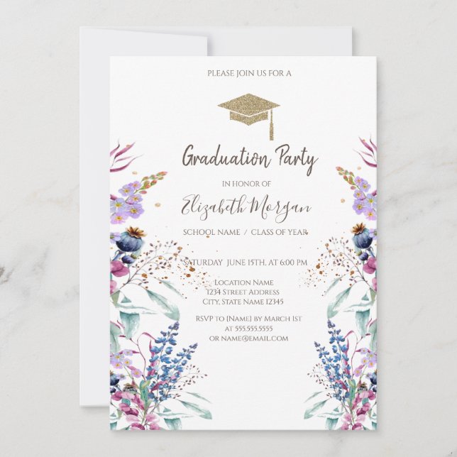 Convite Toque de Formatura Brilhante de Prado de Flores Si (Frente)