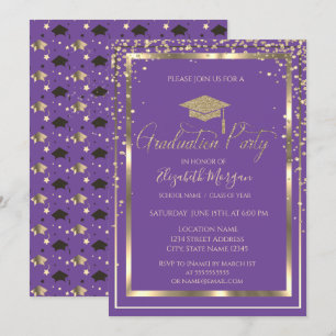 Convite Toque Dourado Chique Boina de Formatura Violeta Gr