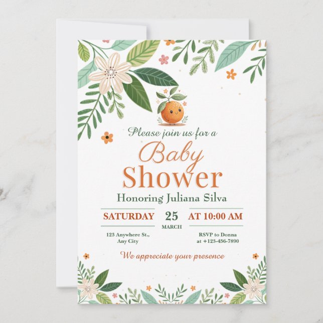 Convite Toranja Laranja Citrus Little Cutil chá de fraldas (Frente)