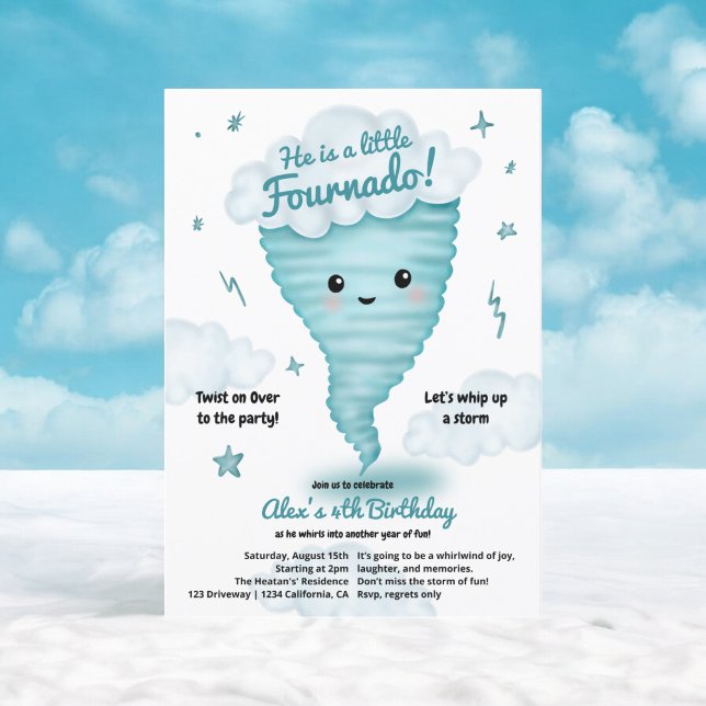 Convite Tornado azul-bonito Tornado presenciou 4º aniversá (Cute blue Tornado Themed 4th Birthday Kids party Invitation)