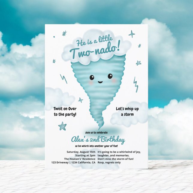 Convite Tornado azul-bonito Tornado Themed segundo anivers (Cute blue Tornado Themed 2nd Birthday Kids party Invitation)