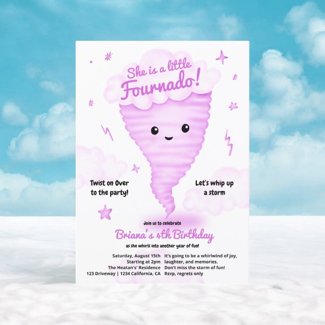 Convite Tornado Rosa Bonito Tornado Pensou 4º aniversário  (Cute Pink Tornado Themed 4th Birthday Kids party Invitation)