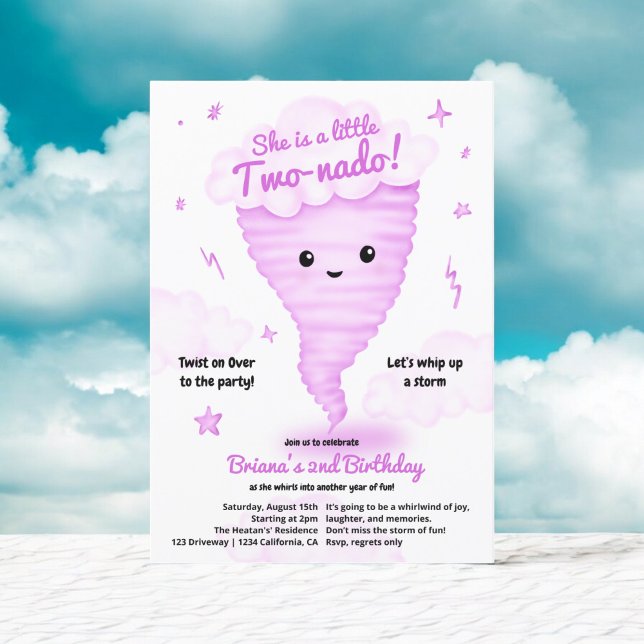 Convite Tornado rosa-rosa-bonito Tornado prestigiado segun (Cute Pink Tornado Themed 2nd Birthday Kids party Invitation)
