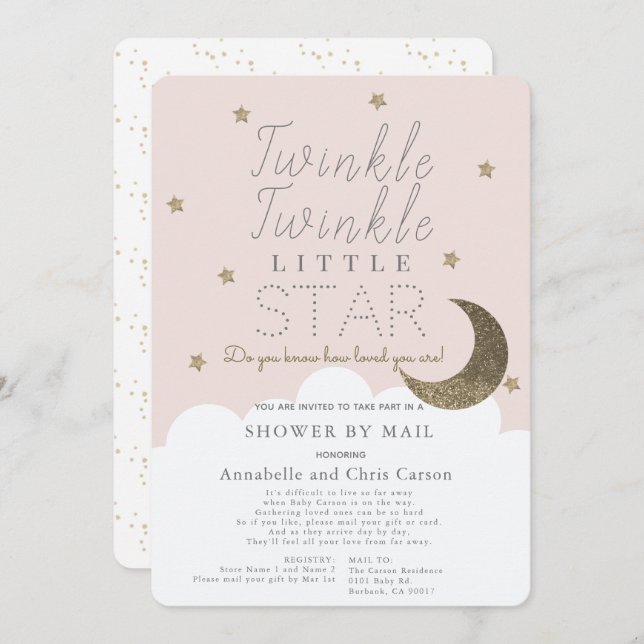 Convite Torne o Chá de fraldas rosa-rosado com estrela peq (Frente/Verso)