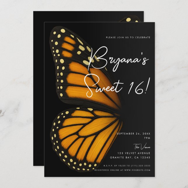 Convite Torne-se Mariposa Monarch Butterfly Sweet 16 (Frente/Verso)