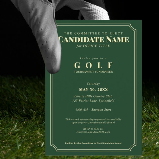 Convite Torneio de Golfe Elegante de Captação de Recursos (Elegant Golf Tournament Fundraiser Invitation Golf Country Club Candidate Fundraiser Campaign)