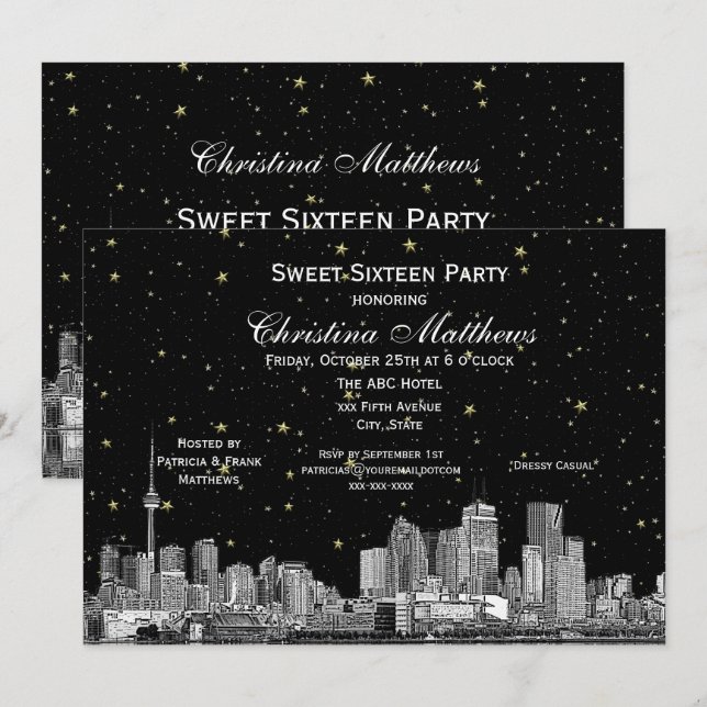 Convite Toronto Etch Estrela DIY Cor BG Doce 16 Preto (Frente/Verso)