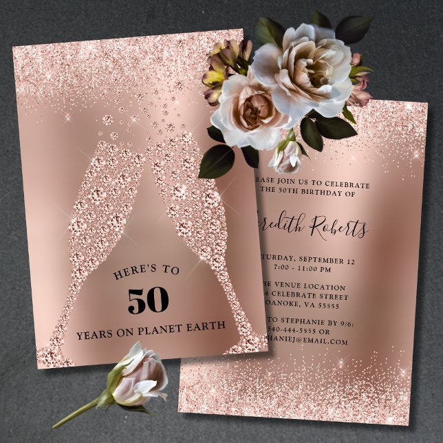 Convite Torrada rosa Dourada do 50º Aniversário da Borrach (50th Birthday Party Invitation Rose Gold Foil Blush Pink Glitter Champagne Toast)