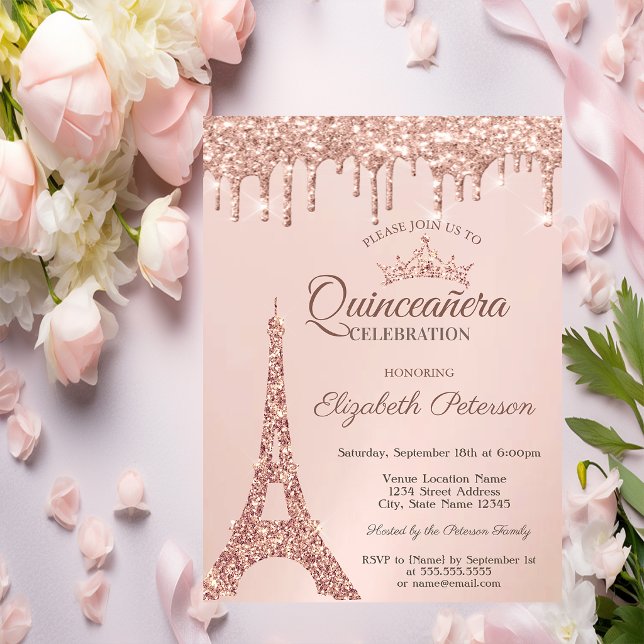 Convite Torre Chic Eiffel, Rosa Dourado Drives Quinceañera (Criador carregado)