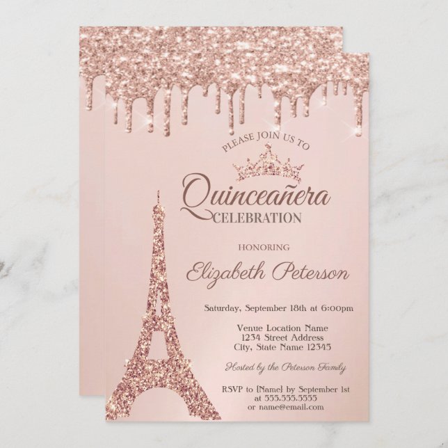 Convite Torre Chic Eiffel, Rosa Dourado Drives Quinceañera (Frente/Verso)