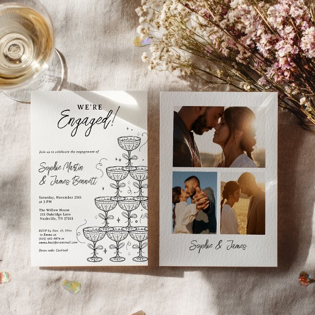 Convite Torre de Champagne Moderna Foto Engajamento (Modern Champagne Tower Photo Engagement Invitation)