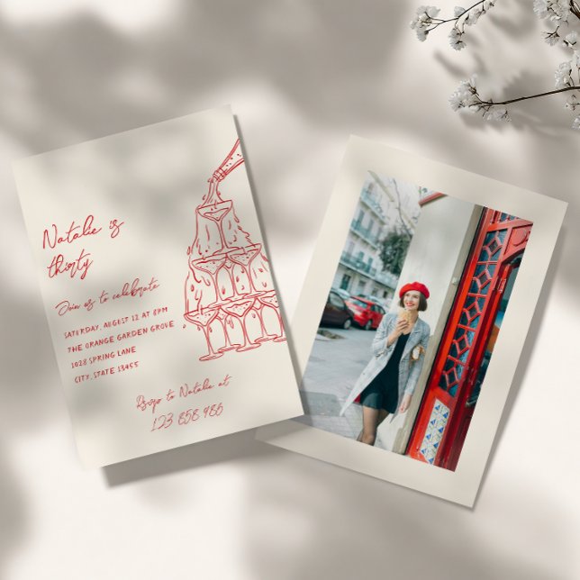 Convite Torre de Champanhe Desenhada à Mão Trinta Foto Ani (Criador carregado)