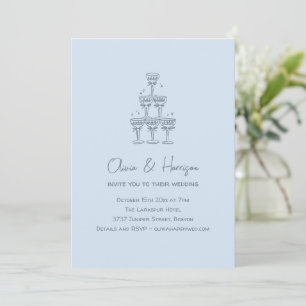 Convite Torre de Champanhe Doodle Casamento Azul Fresco
