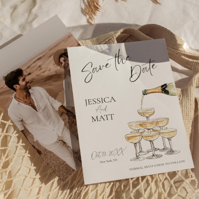 Convite Torre de Champanhe Elegante para Salvar a Data com (Elegant Save the Date Champagne Tower with Photo Invitation)