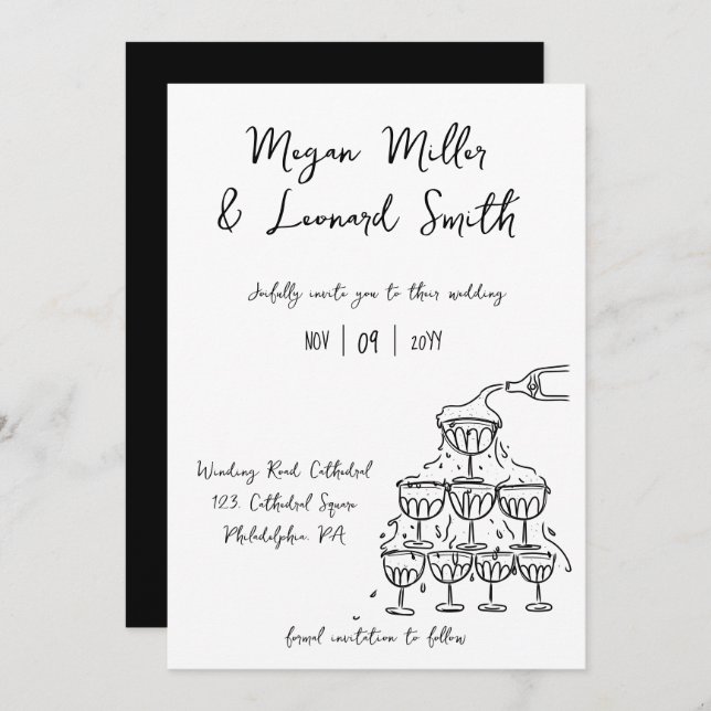 Convite Torre de champanhe Funky guarde o casamento (Frente/Verso)