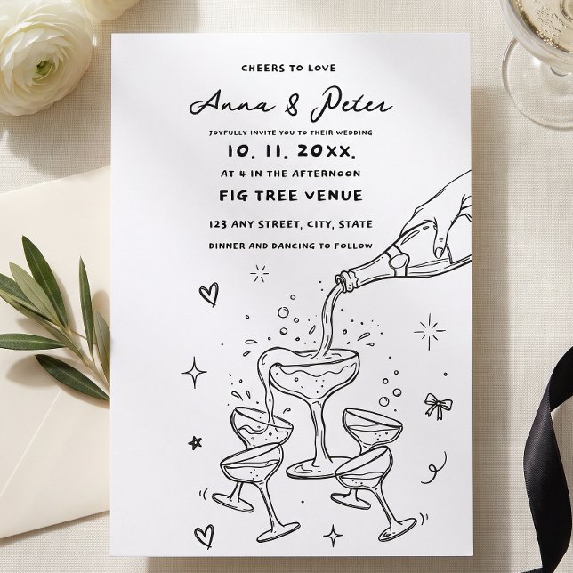 Convite Torre de Champanhe Ilustrada à Mão Casamento Vinta (Criador carregado)