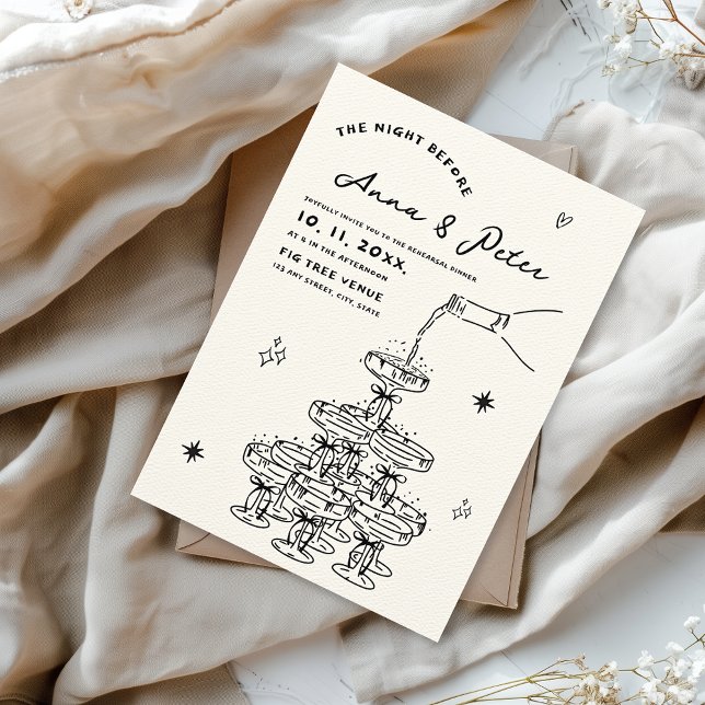 Convite Torre de champanhe ilustrada à mão na noite anteri (the night before rehearsal dinner invitation hand illustrated with champagne tower)