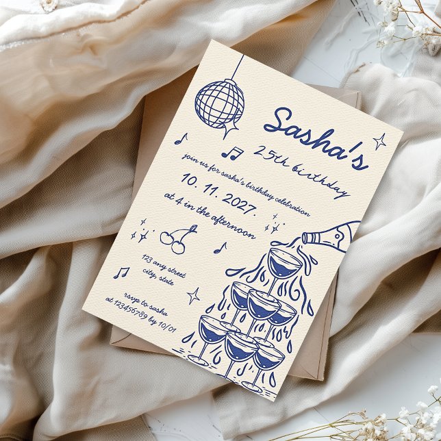 Convite Torre de Champanhe ilustrada manualmente Azul de A (Blue hand illustrated champagne tower birthday invitation)