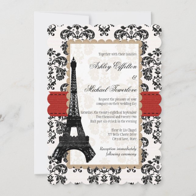 Convite Torre de Eiffel de Casamento em Damasco Vermelho e (Frente)