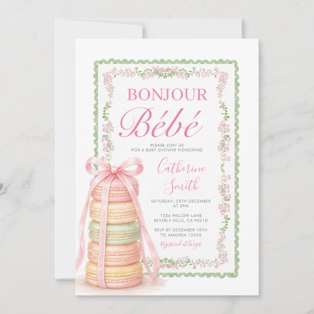 Convite Torre de Macarons Rosa 'Bonjour' para Chá de Bebê  (Frente)