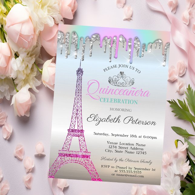Convite Torre Eiffel, Arco-Íris Coloca Silver Quinceañera (Criador carregado)