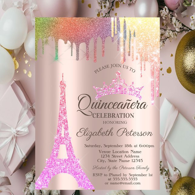 Convite Torre Eiffel, Arco-Íris, Rosa Dourado Quinceañera (Criador carregado)
