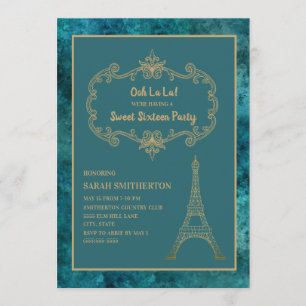 Convite Torre Eiffel Azul Turquesa e Dourada Sweet 16 Eleg