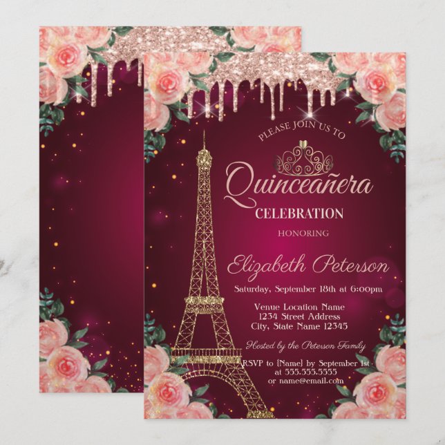 Convite Torre Eiffel Brilhante Flores Quinceañera (Frente/Verso)