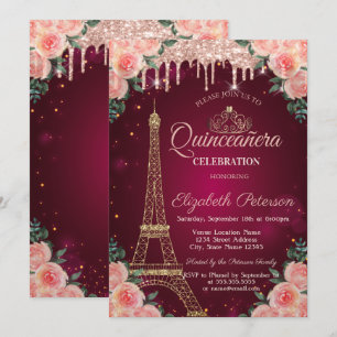 Convite Torre Eiffel Brilhante Flores Quinceañera