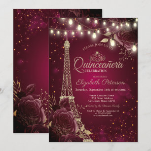 Convite Torre Eiffel Brilhante, Rosas Borgonha para Quince