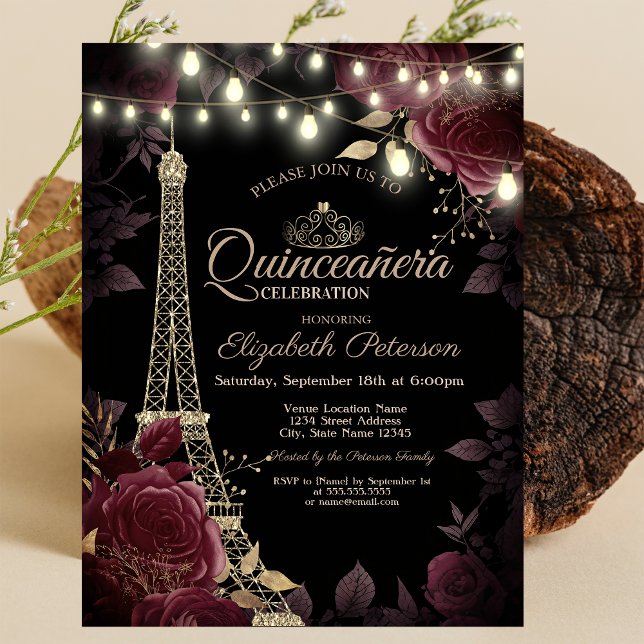Convite Torre Eiffel brilhante, Rosas Escuros Quinceañera (Criador carregado)