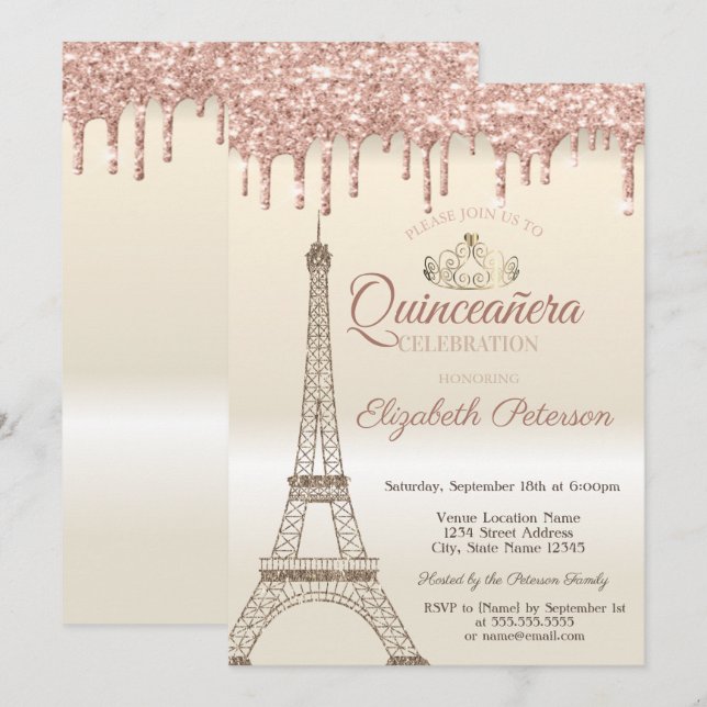 Convite Torre Eiffel Brilhante, Tiara, Gotas Quinceañera (Frente/Verso)