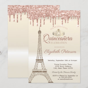 Convite Torre Eiffel Brilhante, Tiara, Gotas Quinceañera