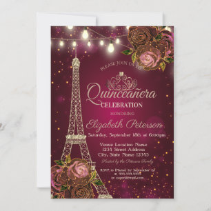 Convite Torre Eiffel brilhante, Tiara Rosas Vermelhas Quin