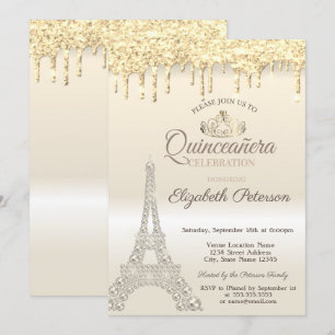 Convite Torre Eiffel Brilhante,Torta de Quinze Anos Dourad