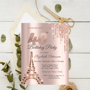 Convite Torre Eiffel Brilho Gotas Paris 40º Aniversário