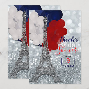 Convite Torre Eiffel Brilho Prata Festa Vermelha Branca Az