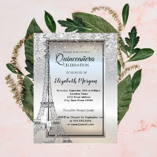 Convite Torre Eiffel Brilho Prateado, Quinceañera de Vidro