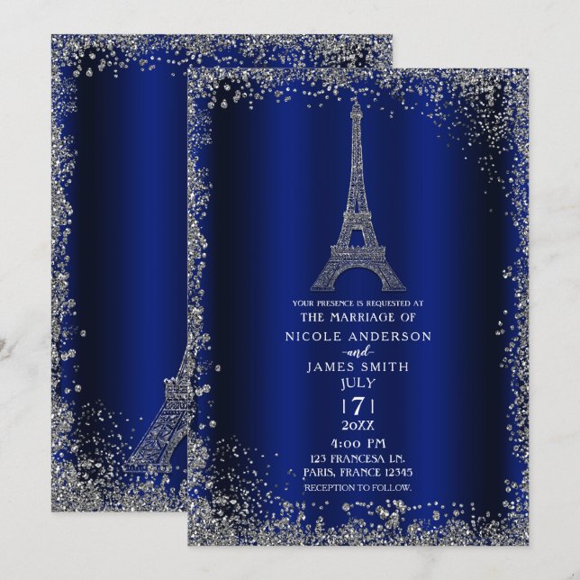 Convite Torre Eiffel Casamento Brilho Prata Azul Real (Frente/Verso)