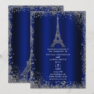 Convite Torre Eiffel Casamento Brilho Prata Azul Real