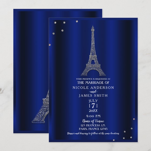 Convite Torre Eiffel Casamento Paris Azul Real e Prata (Frente/Verso)