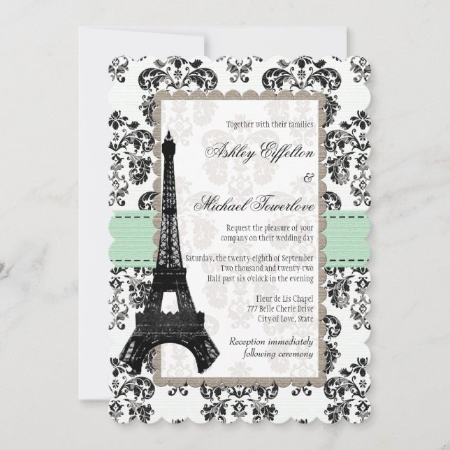 Convite Torre Eiffel Casamento Verde Menta e Preto Damask (Frente)