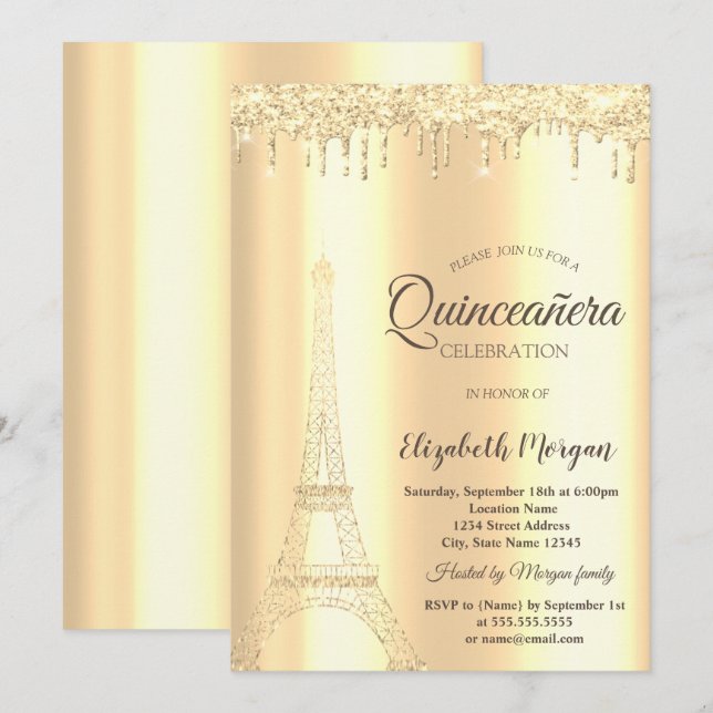 Convite Torre Eiffel Chic Glitter Dourado, Gotas Quinceañe (Frente/Verso)