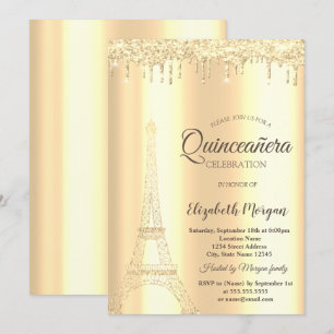 Convite Torre Eiffel Chic Glitter Dourado, Gotas Quinceañe