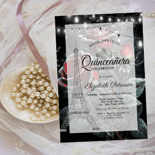Convite Torre Eiffel cintilante, Rosa escura Quinceañera 