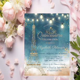 Convite Torre Eiffel cintilante, Tiara Aquarela Quinceañer