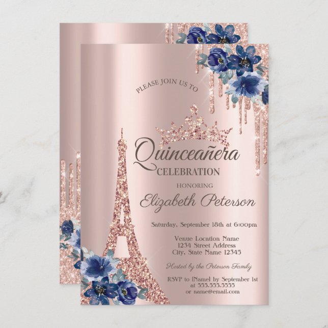 Convite Torre Eiffel, Coloca Flores Azuis Quinceañera (Frente/Verso)