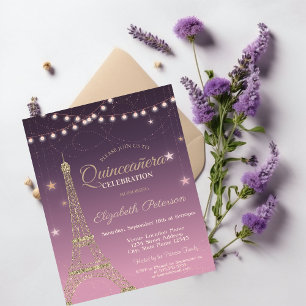 Convite Torre Eiffel com Brilho Dourado, Quinceañera Burgu